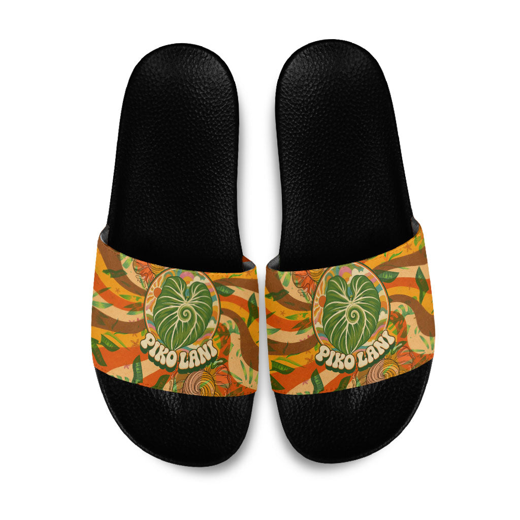 Hawaiian Piko Lani Cultivate I Ka Piko Aloha Slide Sandals Retro Psychedelic Taro Leaf - Hibiscus Flowers TS04 Orange Green - Polynesian Pride