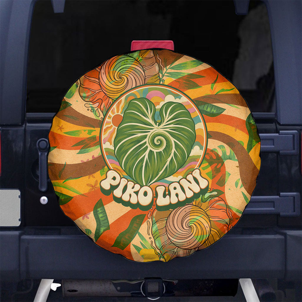 Hawaiian Piko Lani Cultivate I Ka Piko Aloha Spare Tire Cover Retro Psychedelic Taro Leaf - Hibiscus Flowers TS04 No hole Orange Green - Polynesian Pride