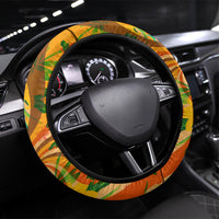 Hawaiian Piko Lani Cultivate I Ka Piko Aloha Steering Wheel Cover Retro Psychedelic Taro Leaf - Hibiscus Flowers TS04 Universal Fit Orange Green - Polynesian Pride