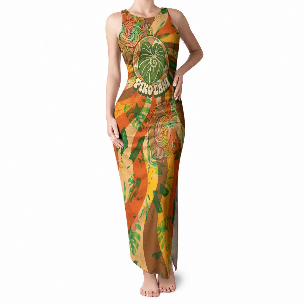 Hawaiian Piko Lani Cultivate I Ka Piko Aloha Tank Maxi Dress Retro Psychedelic Taro Leaf - Hibiscus Flowers TS04 Women Orange Green - Polynesian Pride