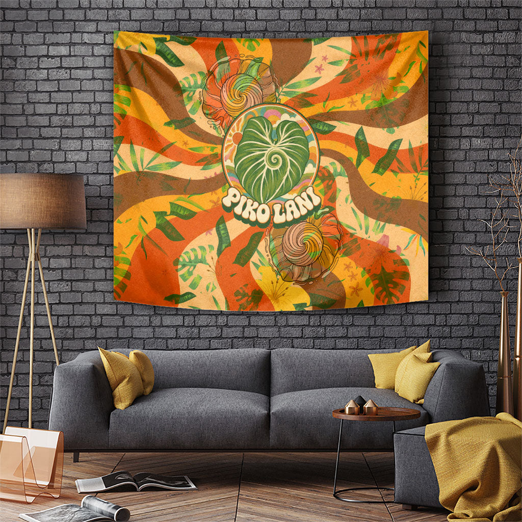 Hawaiian Piko Lani Cultivate I Ka Piko Aloha Tapestry Retro Psychedelic Taro Leaf - Hibiscus Flowers TS04 Orange Green - Polynesian Pride