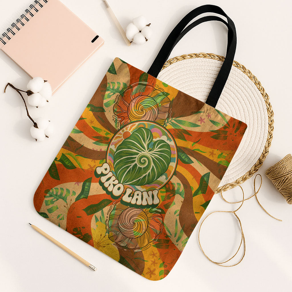 Hawaiian Piko Lani Cultivate I Ka Piko Aloha Tote Bag Retro Psychedelic Taro Leaf - Hibiscus Flowers TS04 Black Strap One Size Orange Green - Polynesian Pride