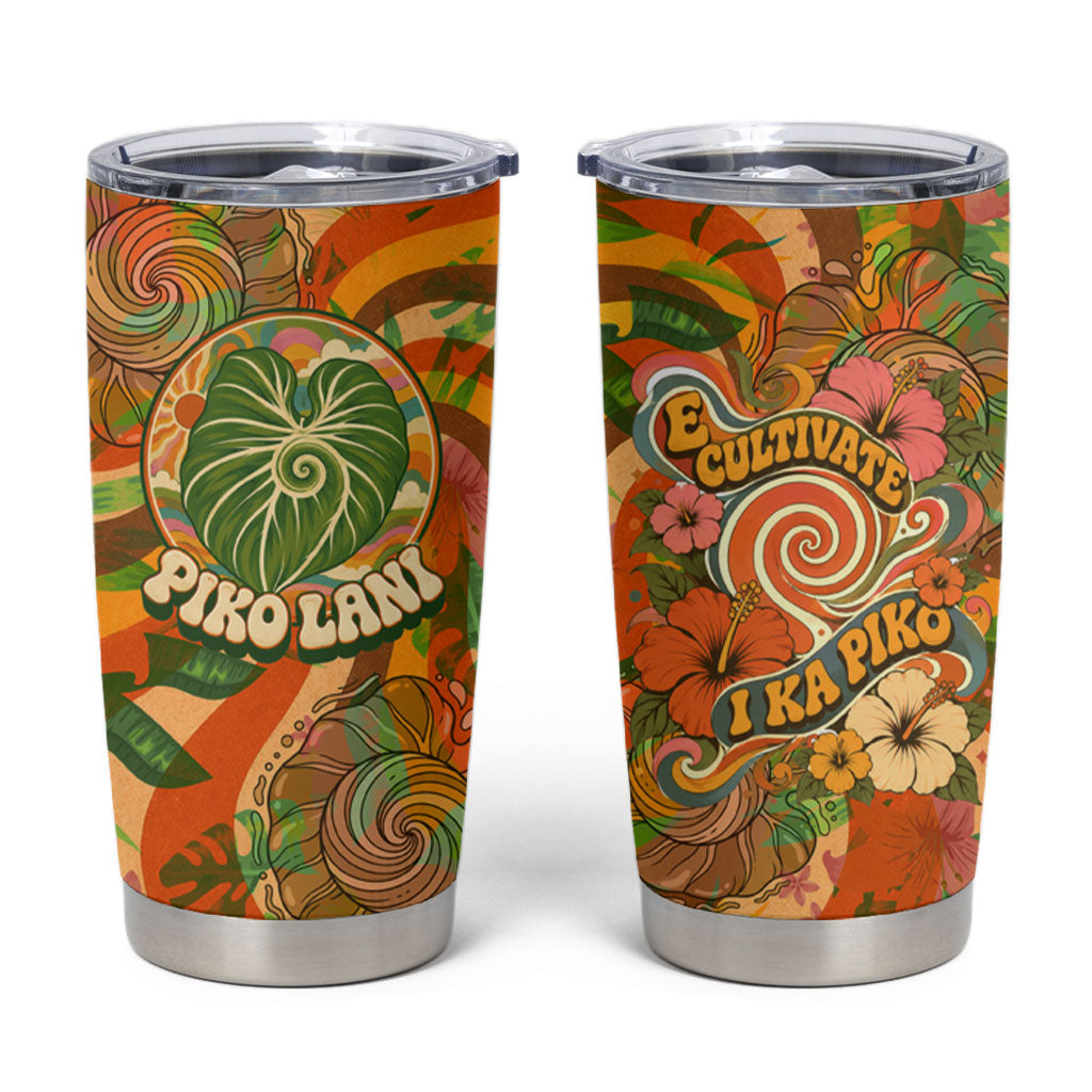 Hawaiian Piko Lani Cultivate I Ka Piko Aloha Tumbler Cup Retro Psychedelic Taro Leaf - Hibiscus Flowers TS04 Orange Green - Polynesian Pride