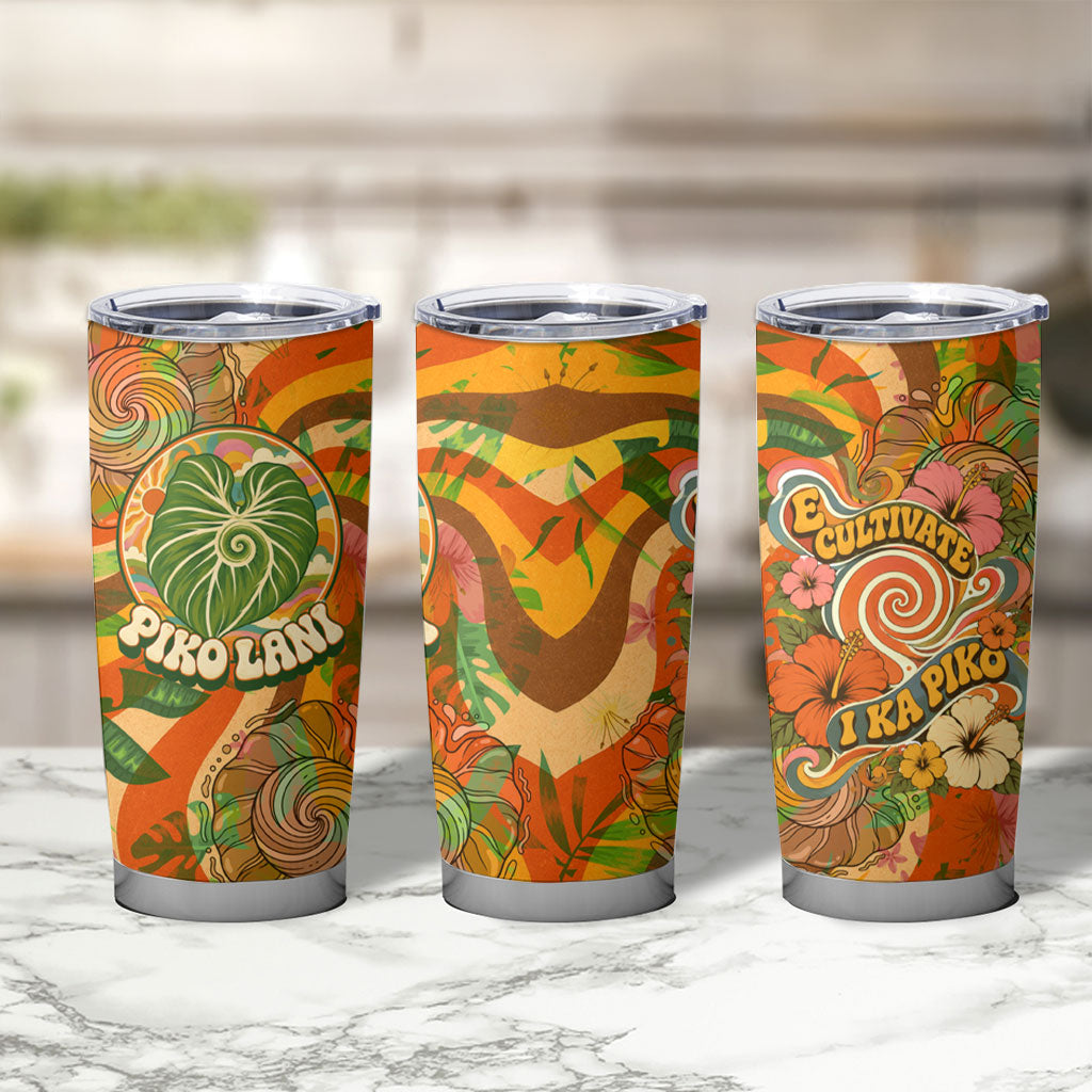 Hawaiian Piko Lani Cultivate I Ka Piko Aloha Tumbler Cup Retro Psychedelic Taro Leaf - Hibiscus Flowers TS04 - Polynesian Pride