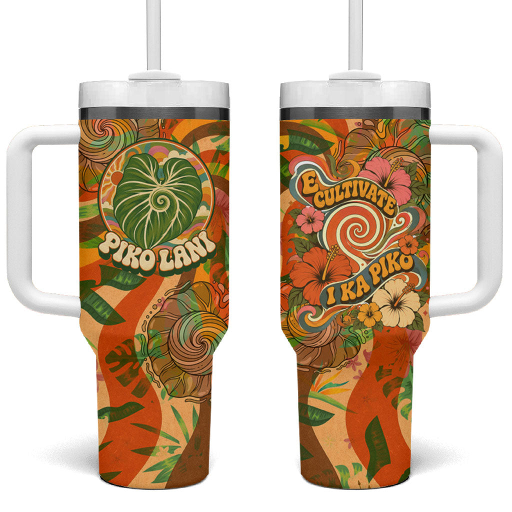 Hawaiian Piko Lani Cultivate I Ka Piko Aloha Tumbler With Handle Retro Psychedelic Taro Leaf - Hibiscus Flowers TS04 One Size: 40 oz Orange Green - Polynesian Pride