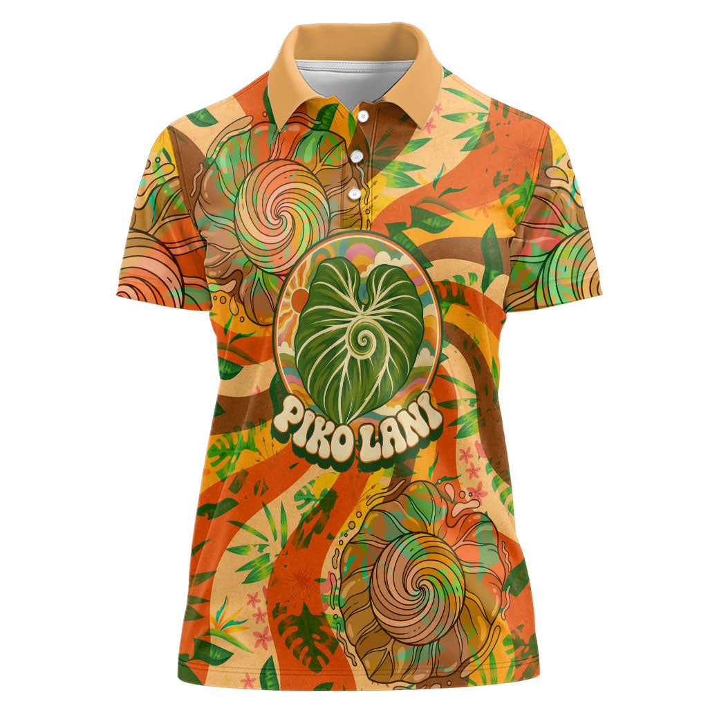 Hawaiian Piko Lani Cultivate I Ka Piko Aloha Women Polo Shirt Retro Psychedelic Taro Leaf - Hibiscus Flowers TS04 Female Orange Green - Polynesian Pride