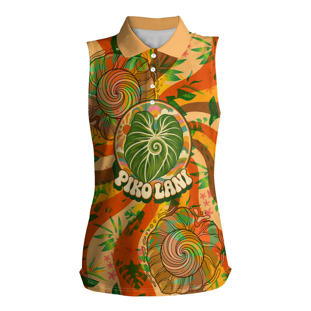 Hawaiian Piko Lani Cultivate I Ka Piko Aloha Women Sleeveless Polo Shirt Retro Psychedelic Taro Leaf - Hibiscus Flowers TS04 Female Orange Green - Polynesian Pride