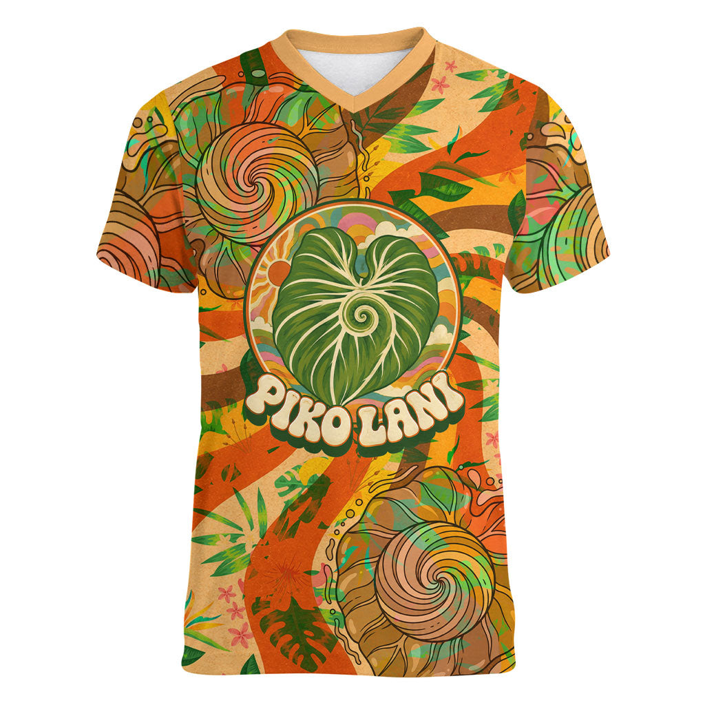 Hawaiian Piko Lani Cultivate I Ka Piko Aloha Women V-Neck T-Shirt Retro Psychedelic Taro Leaf - Hibiscus Flowers TS04 Female Orange Green - Polynesian Pride