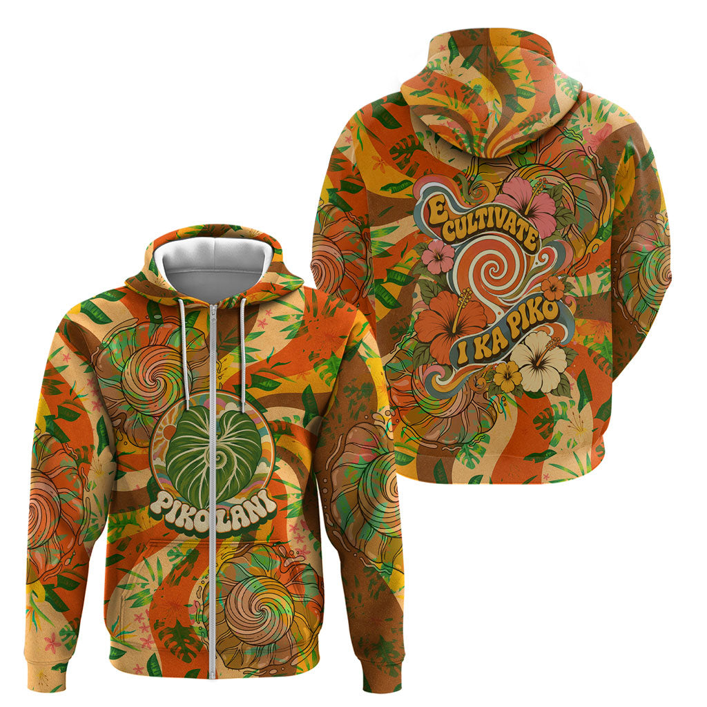 Hawaiian Piko Lani Cultivate I Ka Piko Aloha Zip Hoodie Retro Psychedelic Taro Leaf - Hibiscus Flowers TS04 - Polynesian Pride