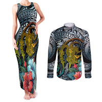 Hawaii Turtle Couples Matching Tank Maxi Dress and Long Sleeve Button Shirts Hawaii Pattern and Turtle Tattoo Dark Cyan Gradient TS04 Gradient - Polynesian Pride