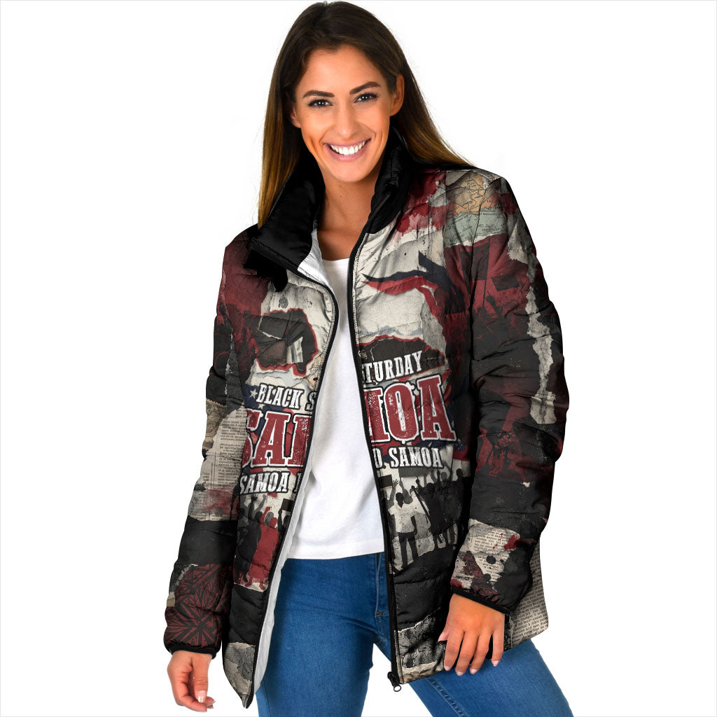 Samoa Black Saturday 1929 Padded Jacket Mau Movement Vintage Newspaper Grunge Polynesian TS04 Women Black Red - Polynesian Pride