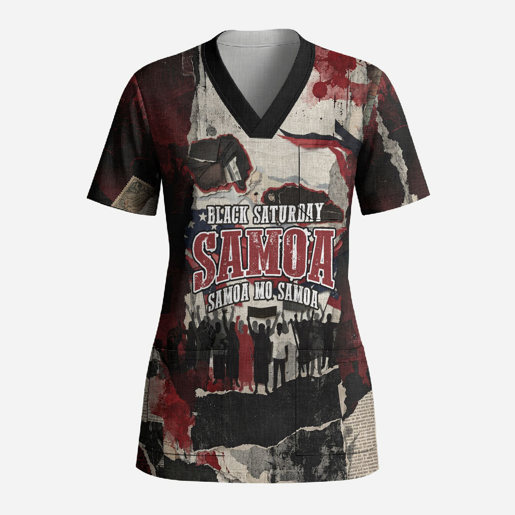 Samoa Black Saturday 1929 Scrub Top Mau Movement Vintage Newspaper Grunge Polynesian TS04 Adult Black Red - Polynesian Pride