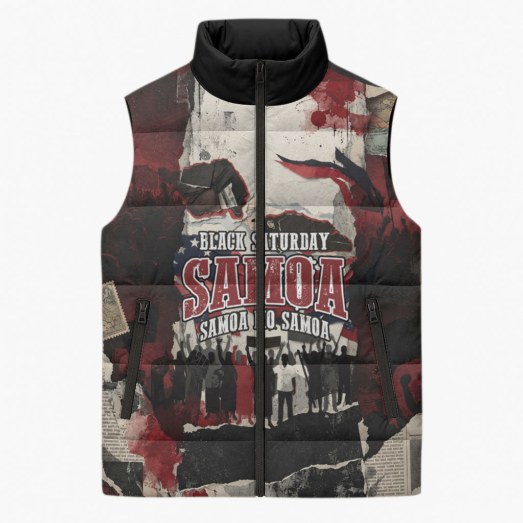 Samoa Black Saturday 1929 Sleeveless Puffer Jacket Mau Movement Vintage Newspaper Grunge Polynesian