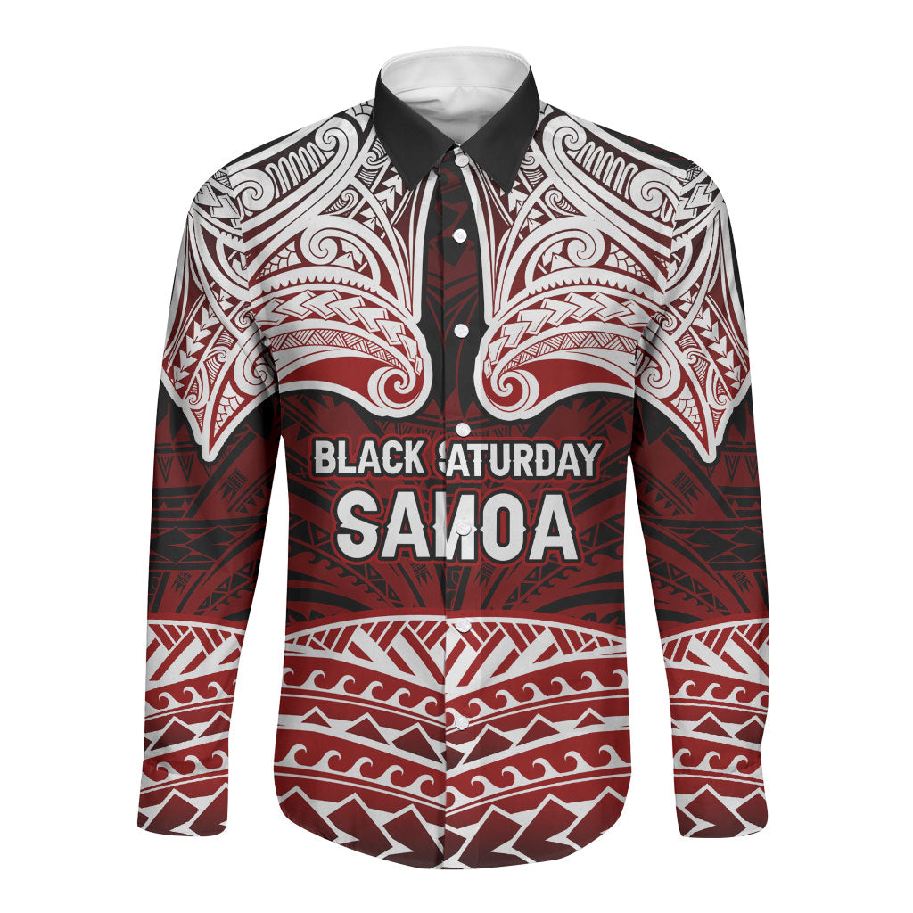 Samoa Black Saturday Mau Movement Long Sleeve Button Shirt Polynesian Tribal Pattern Coat Of Arms Graphic Art