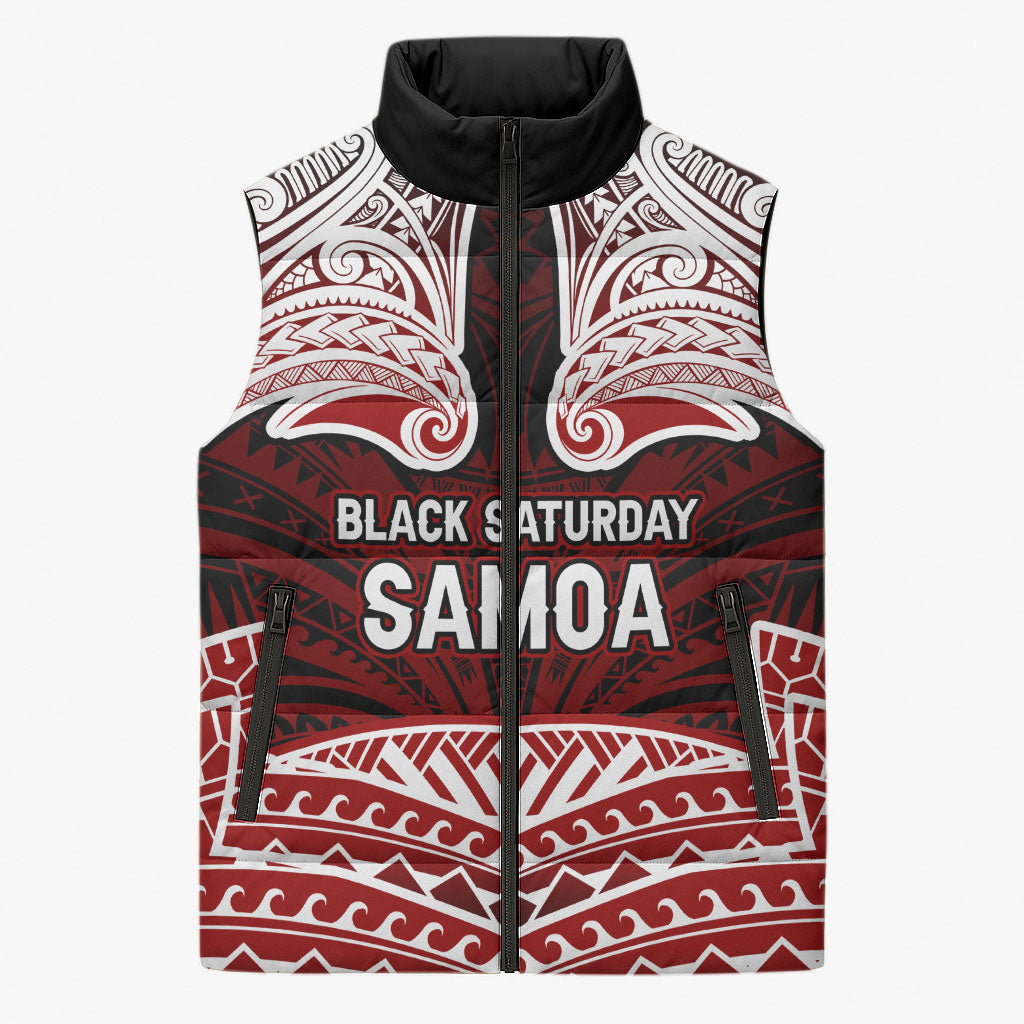 Samoa Black Saturday Mau Movement Sleeveless Puffer Jacket Polynesian Tribal Pattern Coat Of Arms Graphic Art