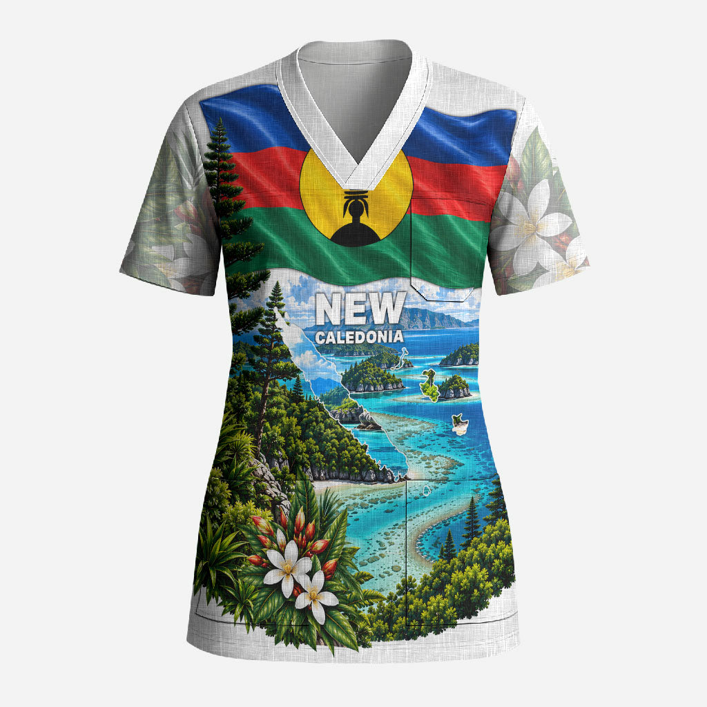 New Caledonia Kanak Flag Landscape Scrub Top Tropical Island Nature Floral TS04 Adult White Green - Polynesian Pride