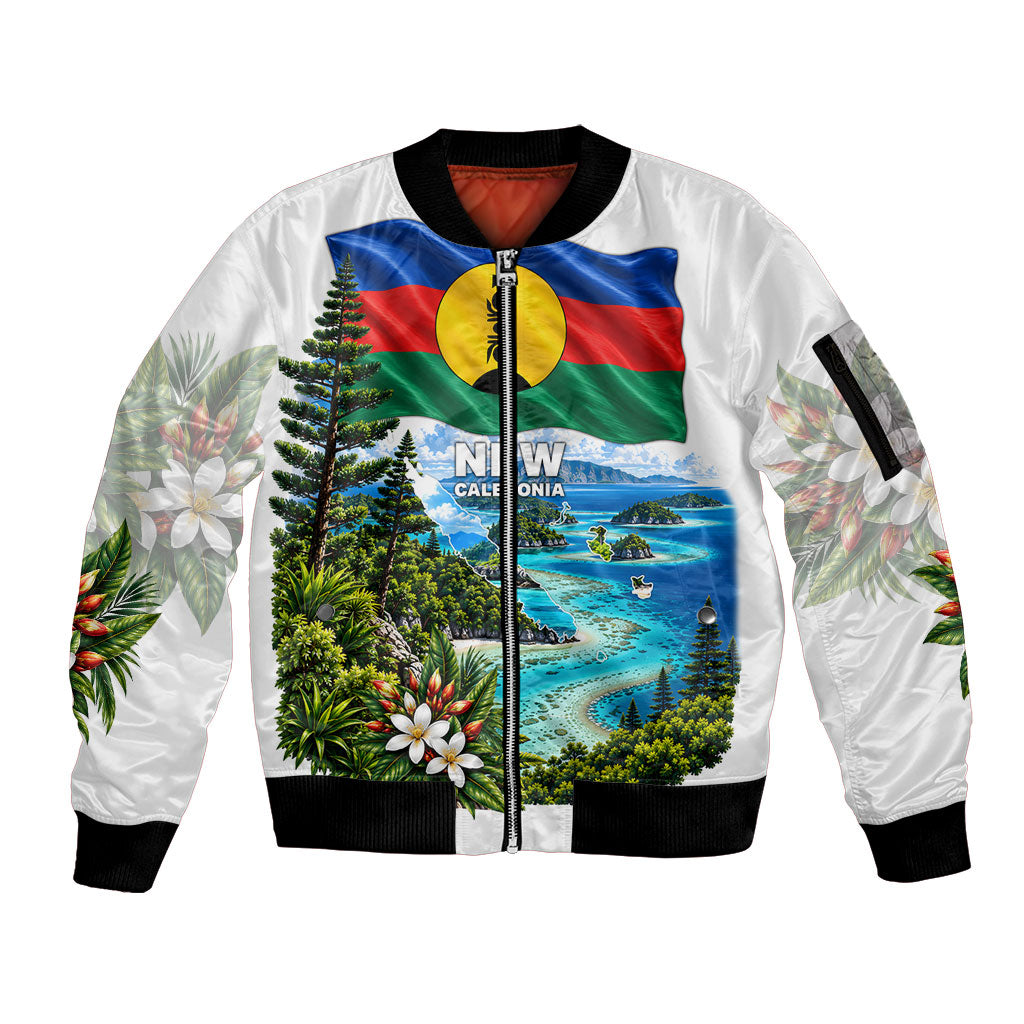 New Caledonia Kanak Flag Landscape Sleeve Zip Bomber Jacket Tropical Island Nature Floral TS04 Unisex White Green - Polynesian Pride