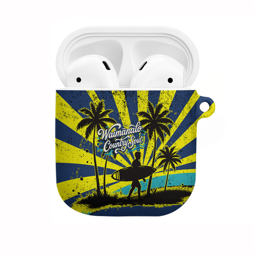 Waimanalo Oahu Hawaii Surfing AirPods Case Tropical Beach Retro Sunburst Surfboard TS04 Yellow Blue - Polynesian Pride