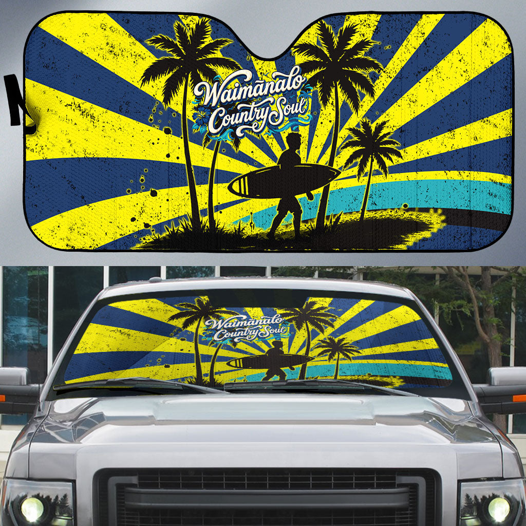 Waimanalo Oahu Hawaii Surfing Auto Sun Shade Tropical Beach Retro Sunburst Surfboard TS04 Yellow Blue - Polynesian Pride