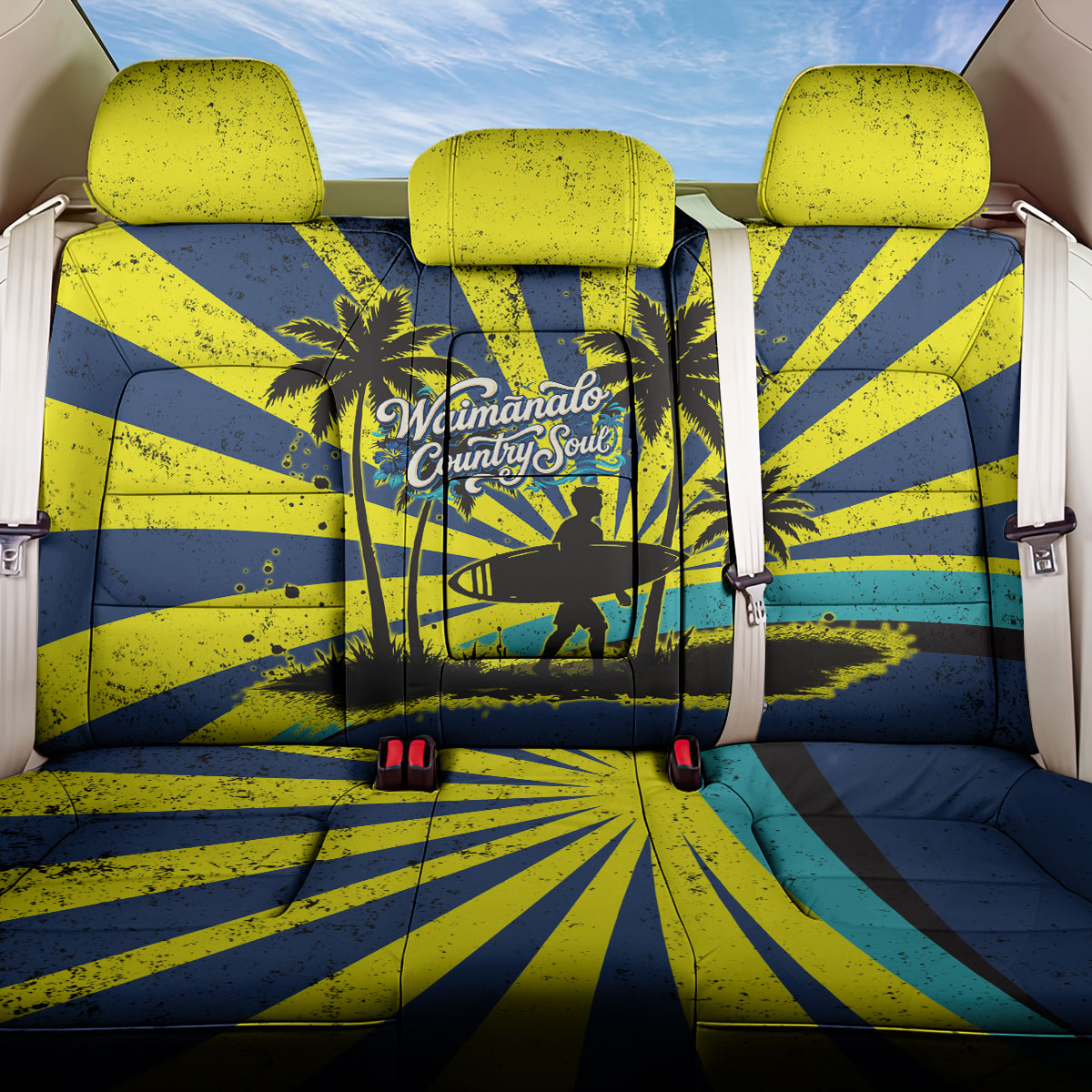 Waimanalo Oahu Hawaii Surfing Back Car Seat Cover Tropical Beach Retro Sunburst Surfboard TS04 One Size Yellow Blue - Polynesian Pride