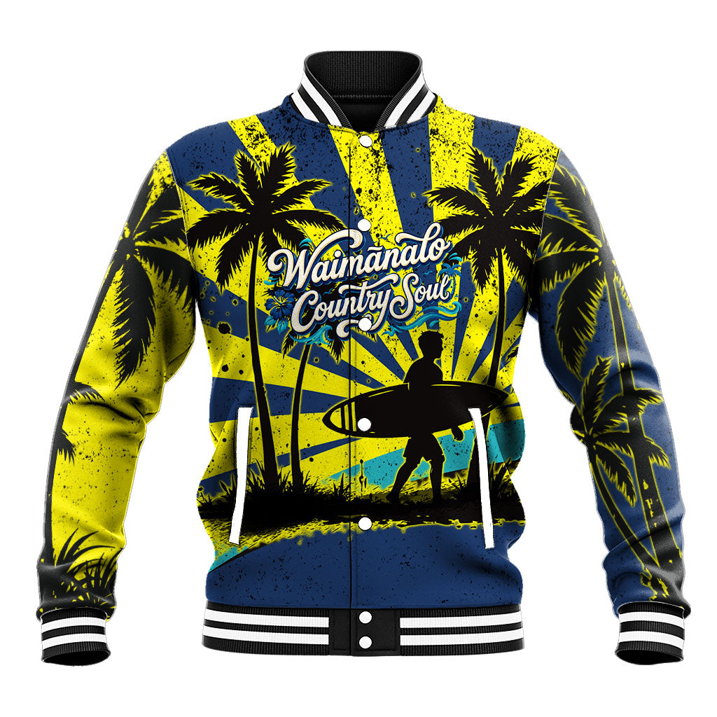 Waimanalo Oahu Hawaii Surfing Baseball Jacket Tropical Beach Retro Sunburst Surfboard TS04 Unisex Yellow Blue - Polynesian Pride