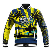 Waimanalo Oahu Hawaii Surfing Baseball Jacket Tropical Beach Retro Sunburst Surfboard TS04 Unisex Yellow Blue - Polynesian Pride