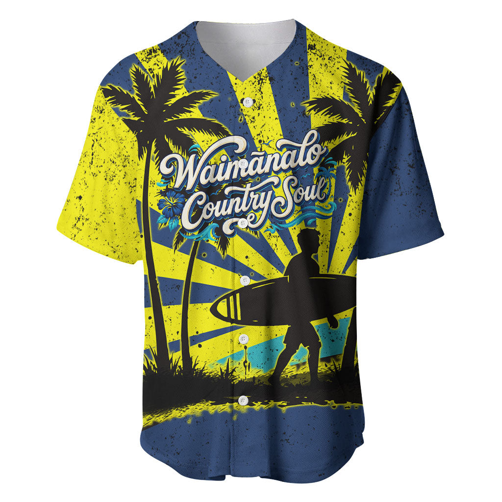 Waimanalo Oahu Hawaii Surfing Baseball Jersey Tropical Beach Retro Sunburst Surfboard TS04 Yellow Blue - Polynesian Pride