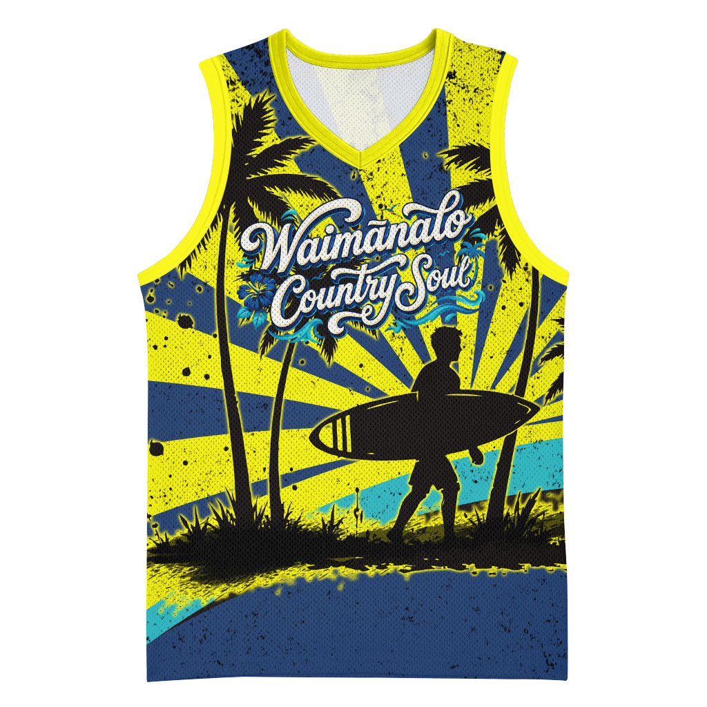 Waimanalo Oahu Hawaii Surfing Basketball Jersey Tropical Beach Retro Sunburst Surfboard TS04 Unisex Yellow Blue - Polynesian Pride