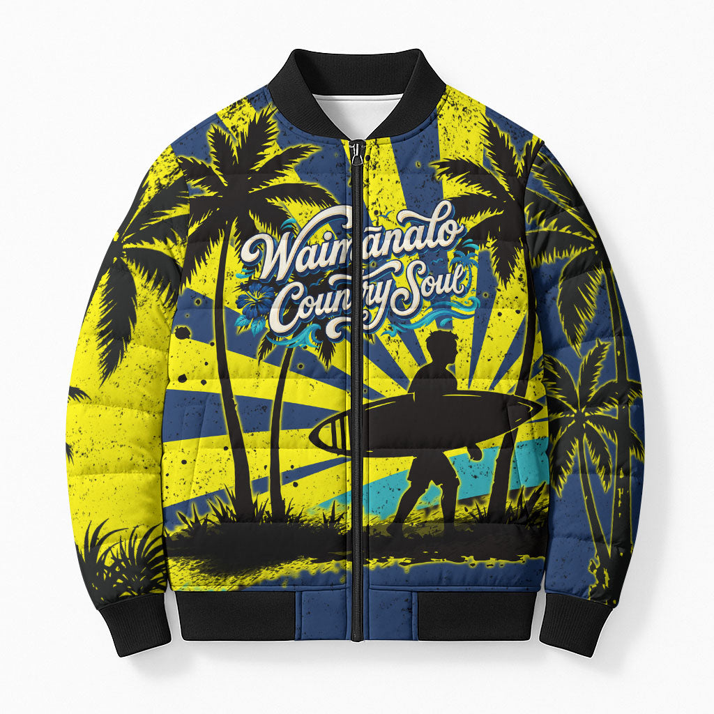 Waimanalo Oahu Hawaii Surfing Bomber Puffer Jacket Tropical Beach Retro Sunburst Surfboard TS04 Unisex Yellow Blue - Polynesian Pride