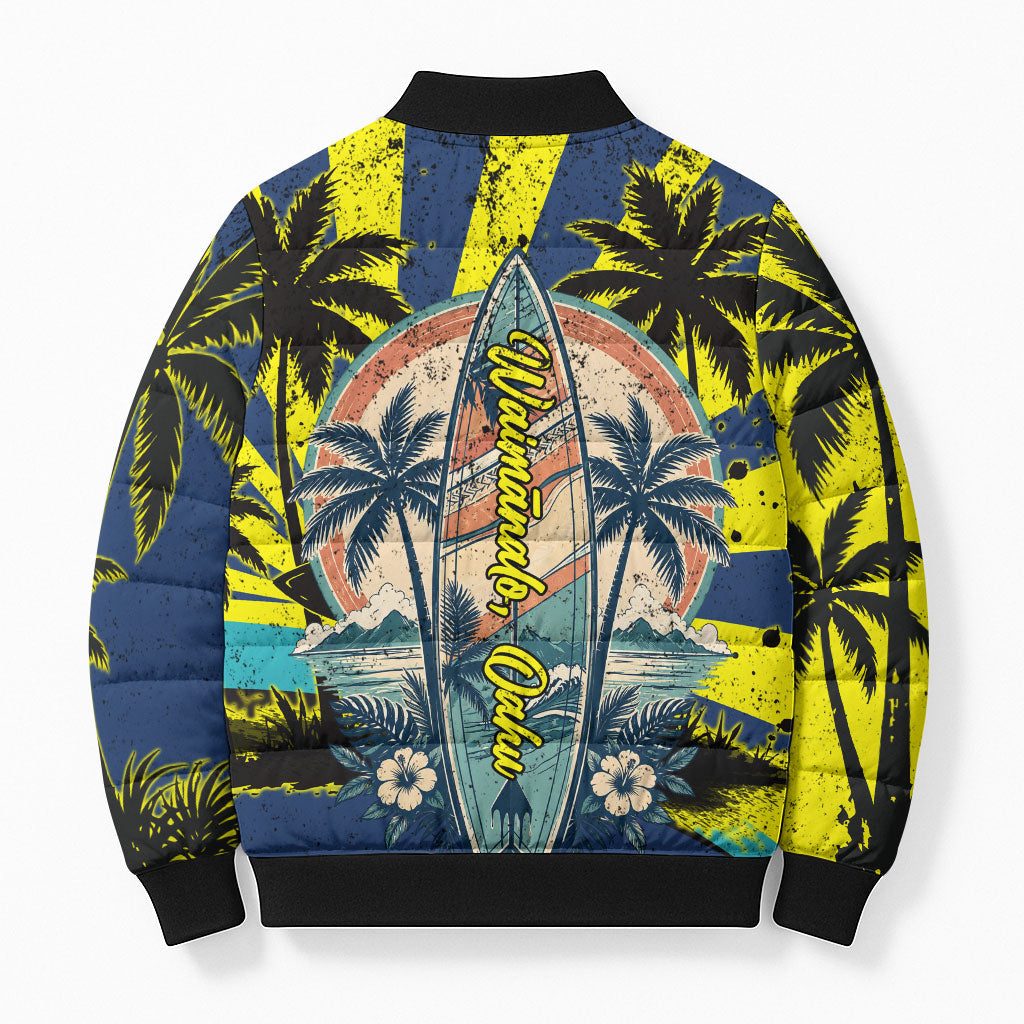 Waimanalo Oahu Hawaii Surfing Bomber Puffer Jacket Tropical Beach Retro Sunburst Surfboard TS04 - Polynesian Pride