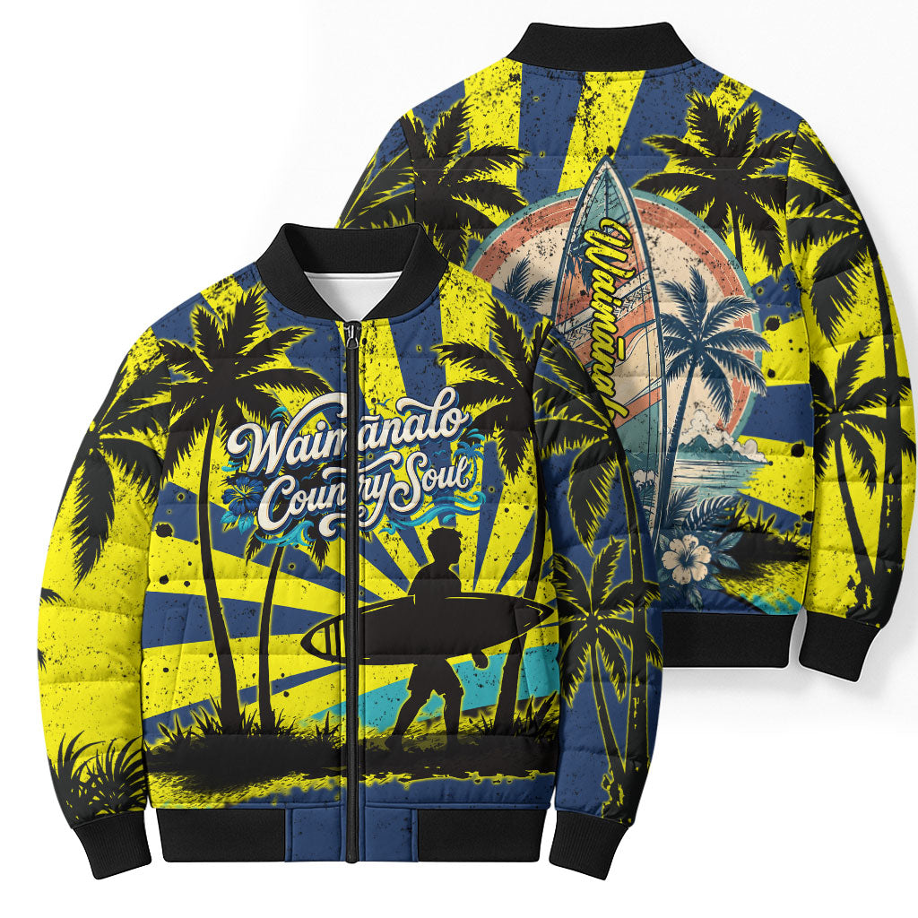 Waimanalo Oahu Hawaii Surfing Bomber Puffer Jacket Tropical Beach Retro Sunburst Surfboard TS04 - Polynesian Pride