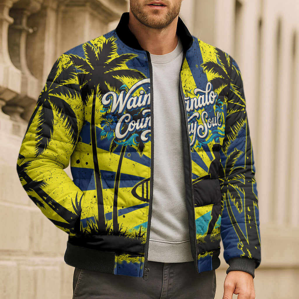 Waimanalo Oahu Hawaii Surfing Bomber Puffer Jacket Tropical Beach Retro Sunburst Surfboard TS04 - Polynesian Pride