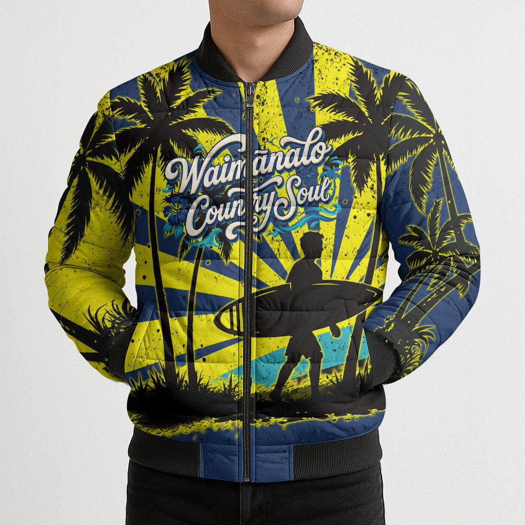 Waimanalo Oahu Hawaii Surfing Bomber Puffer Jacket Tropical Beach Retro Sunburst Surfboard TS04 - Polynesian Pride