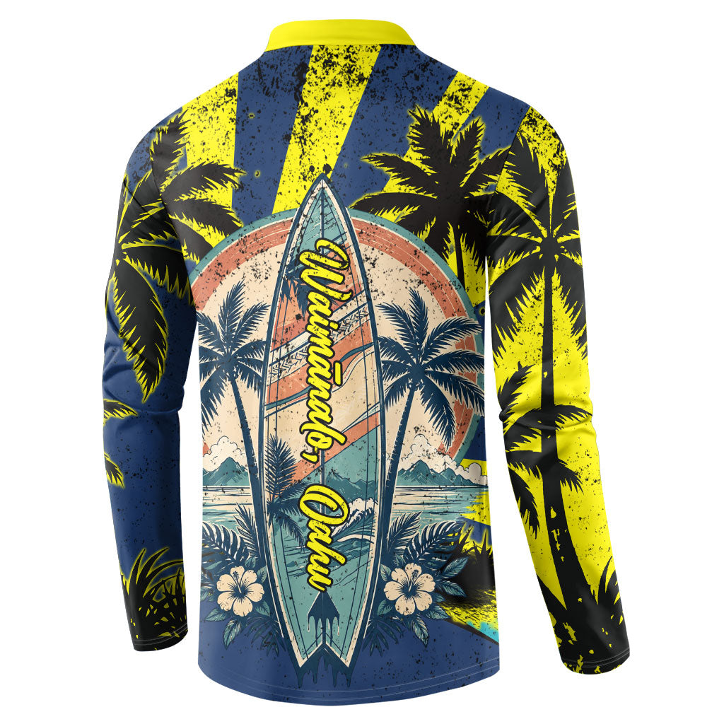 Waimanalo Oahu Hawaii Surfing Button Sweatshirt Tropical Beach Retro Sunburst Surfboard TS04 - Polynesian Pride