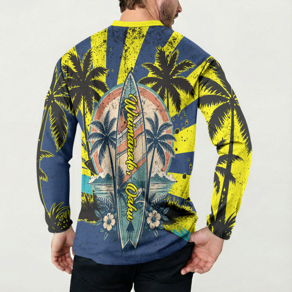 Waimanalo Oahu Hawaii Surfing Button Sweatshirt Tropical Beach Retro Sunburst Surfboard TS04 - Polynesian Pride