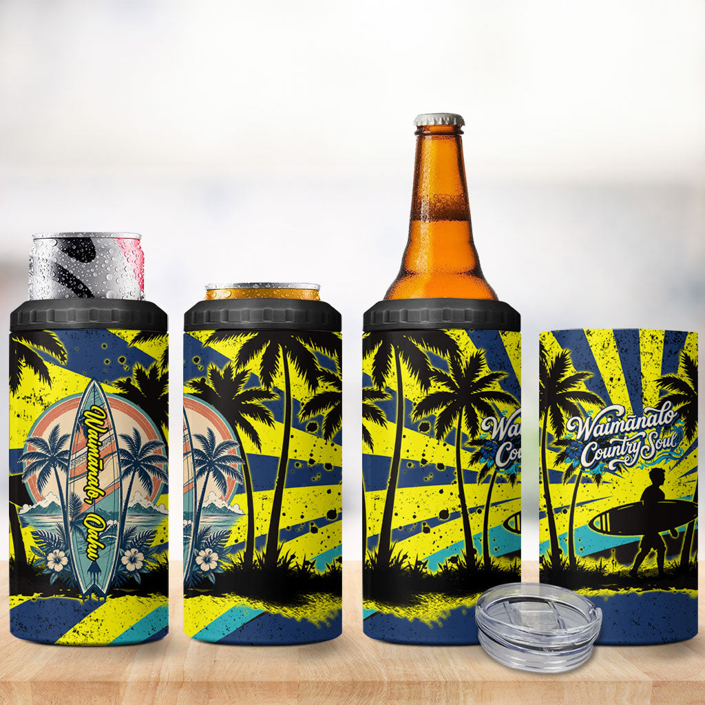 Waimanalo Oahu Hawaii Surfing 4 in 1 Can Cooler Tumbler Tropical Beach Retro Sunburst Surfboard TS04 - Polynesian Pride