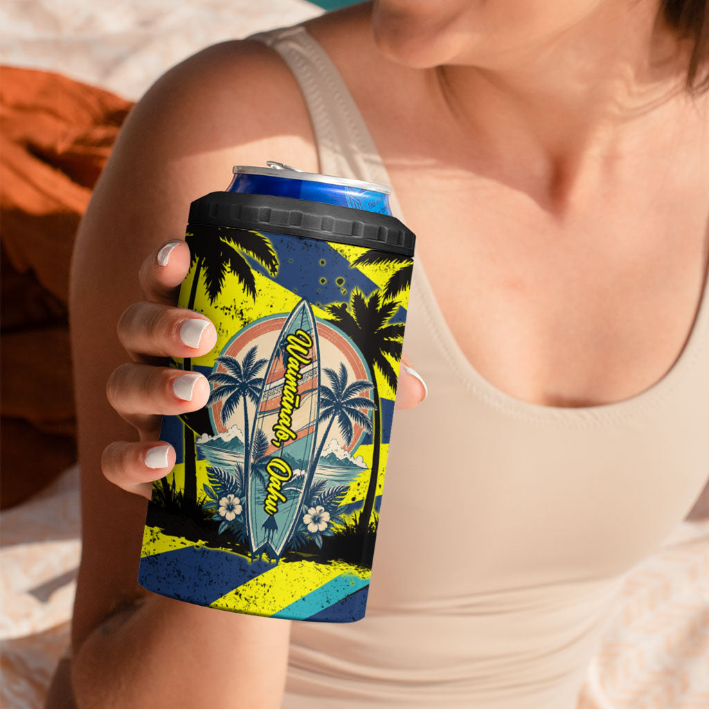 Waimanalo Oahu Hawaii Surfing 4 in 1 Can Cooler Tumbler Tropical Beach Retro Sunburst Surfboard TS04 - Polynesian Pride
