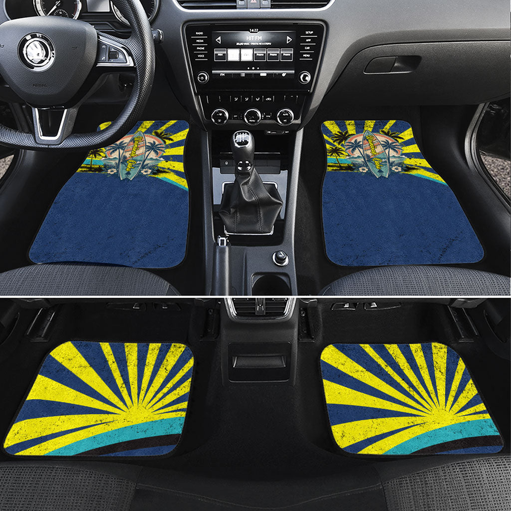 Waimanalo Oahu Hawaii Surfing Car Mats Tropical Beach Retro Sunburst Surfboard TS04 Set 4pcs Yellow Blue - Polynesian Pride