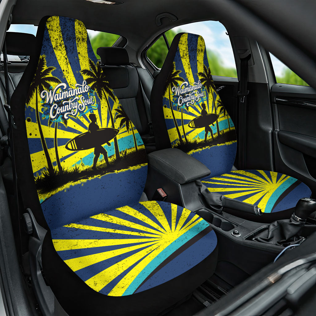 Waimanalo Oahu Hawaii Surfing Car Seat Cover Tropical Beach Retro Sunburst Surfboard TS04 One Size Yellow Blue - Polynesian Pride