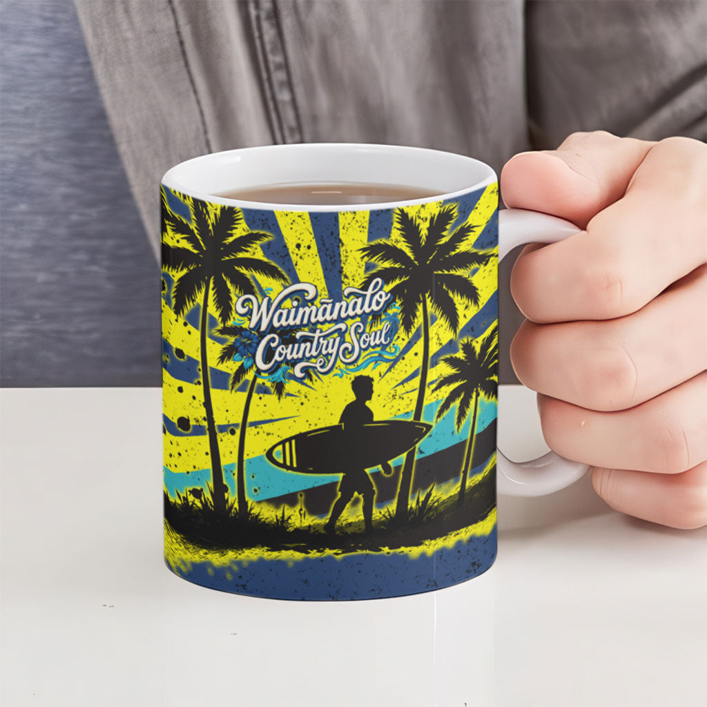 Waimanalo Oahu Hawaii Surfing Ceramic Mug Tropical Beach Retro Sunburst Surfboard TS04 - Polynesian Pride