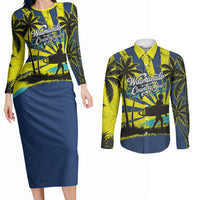 Waimanalo Oahu Hawaii Surfing Couples Matching Long Sleeve Bodycon Dress and Long Sleeve Button Shirt Tropical Beach Retro Sunburst Surfboard TS04 Yellow Blue - Polynesian Pride