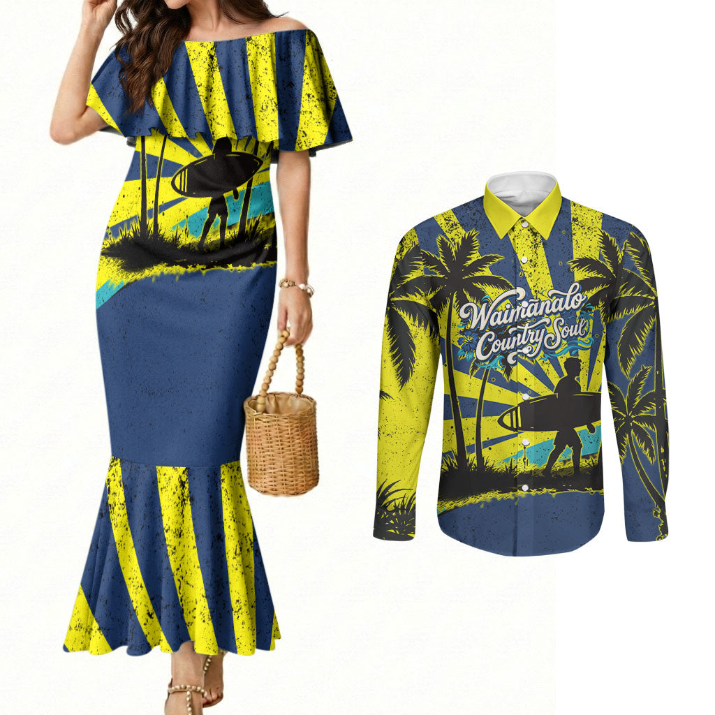 Waimanalo Oahu Hawaii Surfing Couples Matching Mermaid Dress and Long Sleeve Button Shirt Tropical Beach Retro Sunburst Surfboard TS04 Yellow Blue - Polynesian Pride