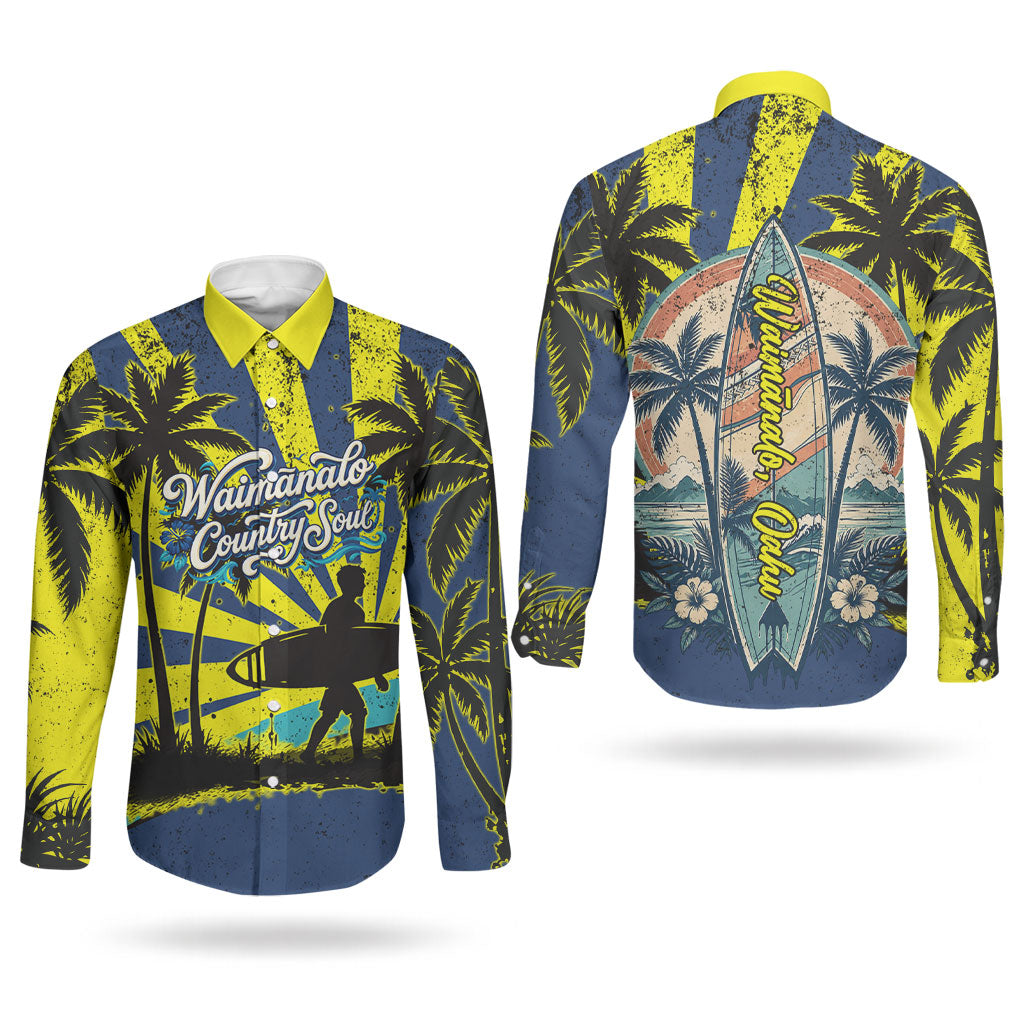 Waimanalo Oahu Hawaii Surfing Couples Matching Mermaid Dress and Long Sleeve Button Shirt Tropical Beach Retro Sunburst Surfboard TS04 - Polynesian Pride
