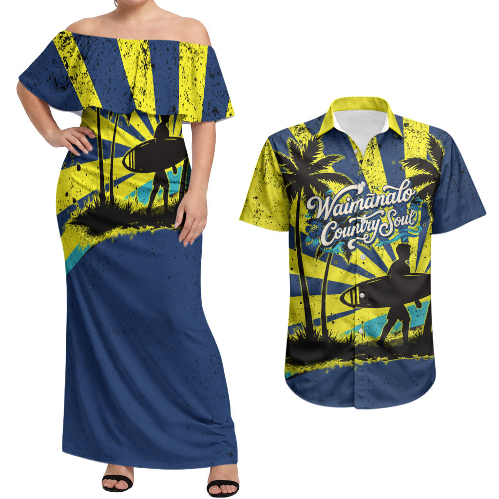 Waimanalo Oahu Hawaii Surfing Couples Matching Off Shoulder Maxi Dress and Hawaiian Shirt Tropical Beach Retro Sunburst Surfboard TS04 Yellow Blue - Polynesian Pride