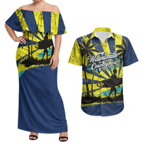 Waimanalo Oahu Hawaii Surfing Couples Matching Off Shoulder Maxi Dress and Hawaiian Shirt Tropical Beach Retro Sunburst Surfboard TS04 Yellow Blue - Polynesian Pride