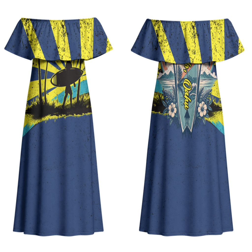 Waimanalo Oahu Hawaii Surfing Couples Matching Off Shoulder Maxi Dress and Hawaiian Shirt Tropical Beach Retro Sunburst Surfboard TS04 - Polynesian Pride