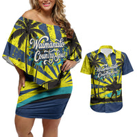 Waimanalo Oahu Hawaii Surfing Couples Matching Off Shoulder Short Dress and Hawaiian Shirt Tropical Beach Retro Sunburst Surfboard TS04 Yellow Blue - Polynesian Pride