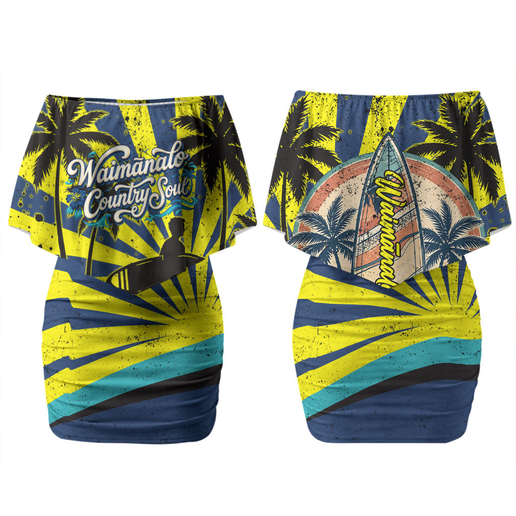 Waimanalo Oahu Hawaii Surfing Couples Matching Off Shoulder Short Dress and Hawaiian Shirt Tropical Beach Retro Sunburst Surfboard TS04 - Polynesian Pride