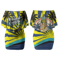 Waimanalo Oahu Hawaii Surfing Couples Matching Off Shoulder Short Dress and Hawaiian Shirt Tropical Beach Retro Sunburst Surfboard TS04 - Polynesian Pride