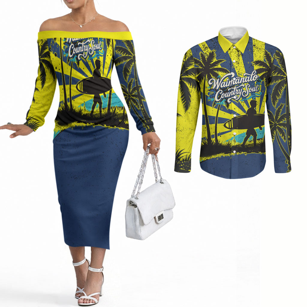 Waimanalo Oahu Hawaii Surfing Couples Matching Off The Shoulder Long Sleeve Dress and Long Sleeve Button Shirt Tropical Beach Retro Sunburst Surfboard TS04 Yellow Blue - Polynesian Pride